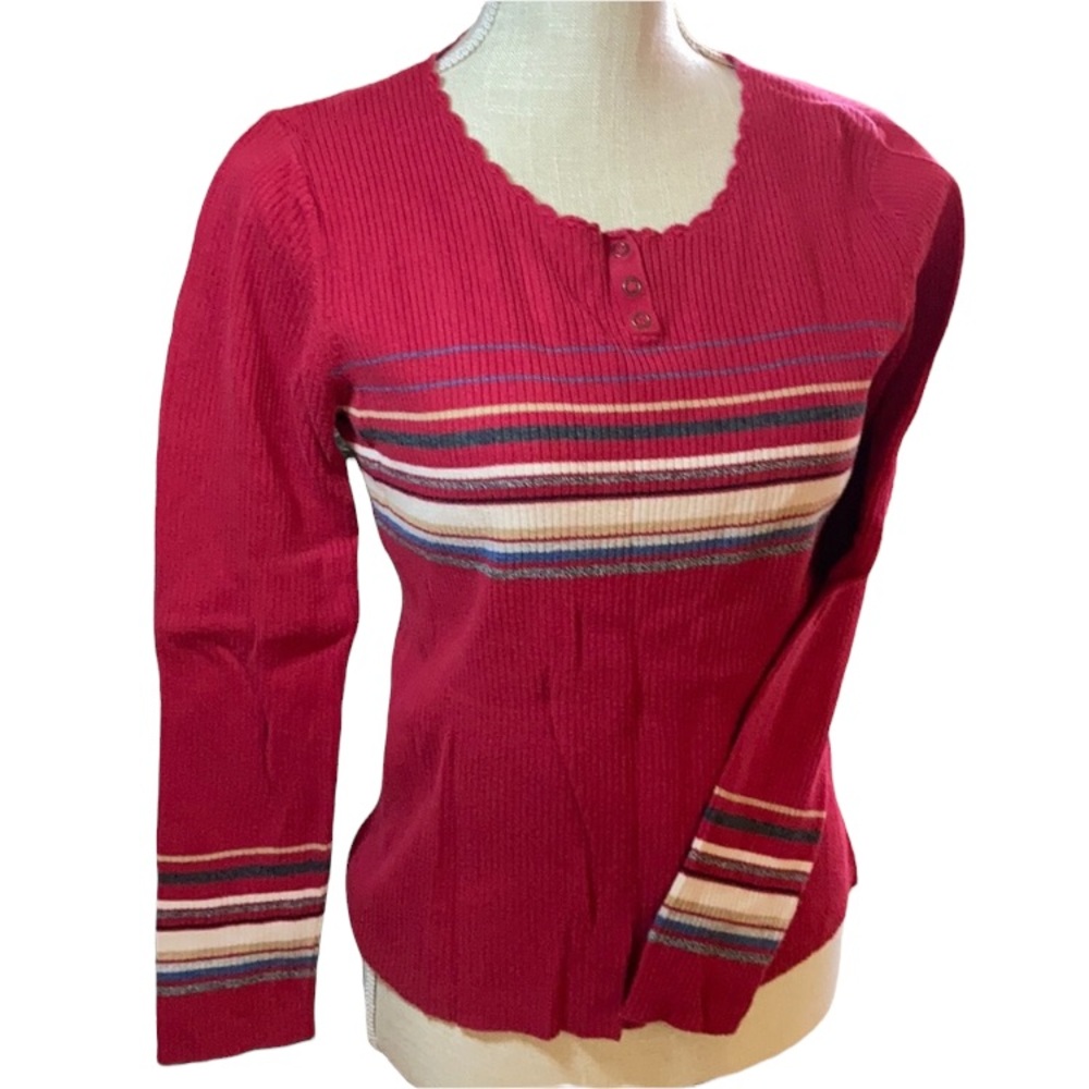 Crazy Horse Red With White & Blue Stripe Ribbed Long Sleeve Shirt